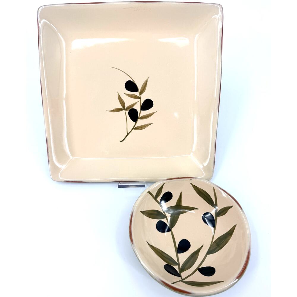 Vintage Baum Bros Style Eyes Olivera Collection 2pc Square plate and bowl Olive